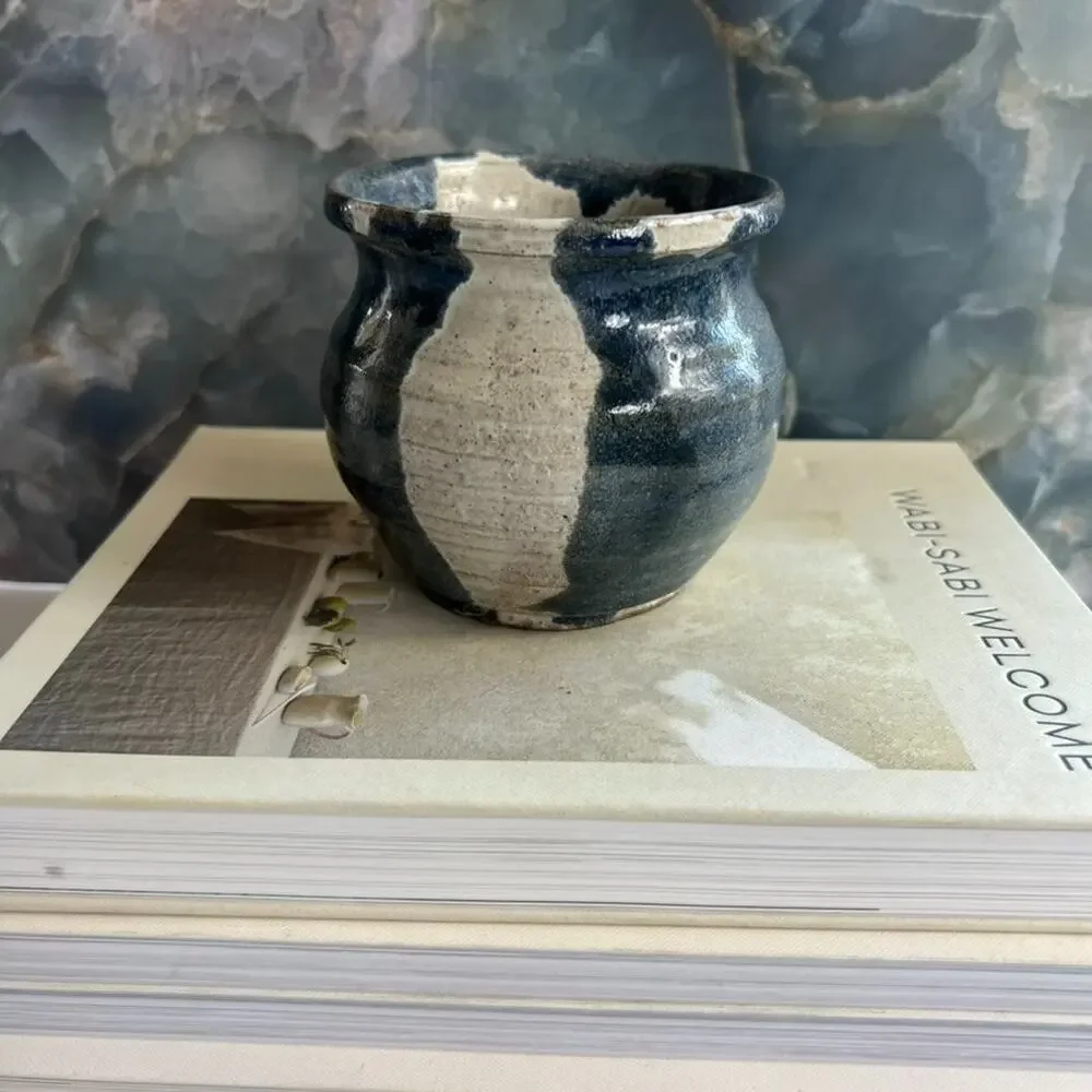 Art Studio Pottery Stoneware Vase Gray Green Drip Glaze 4